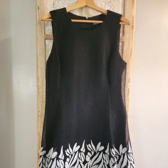 DKNY Black Mesh Fit & Flare Dress with White Leaf Embroidery Size 14 - Picture 1 of 9